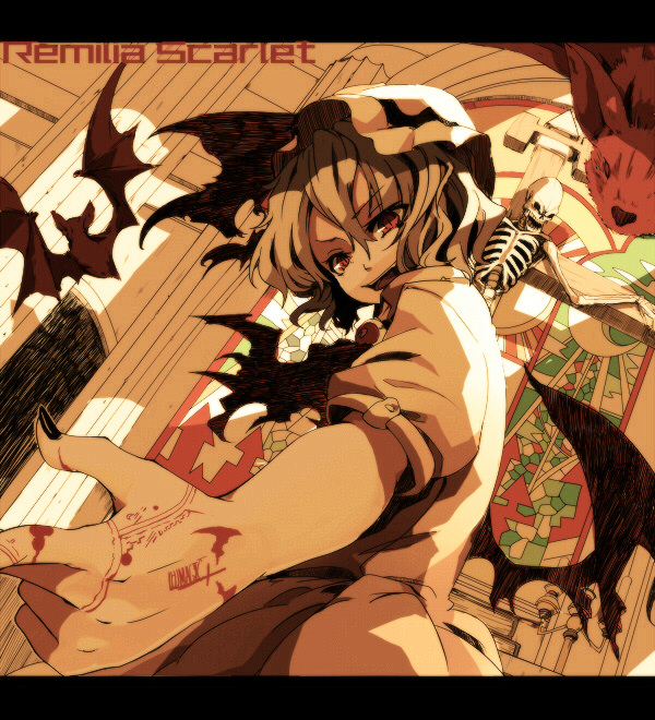 bat bat_wings colorized cross crucifixion foreshortening fuukadia_(narcolepsy) hands hat ko-&gt;u laughing letterboxed open_mouth red_eyes remilia_scarlet skeleton slit_pupils solo stained_glass tattoo touhou wings