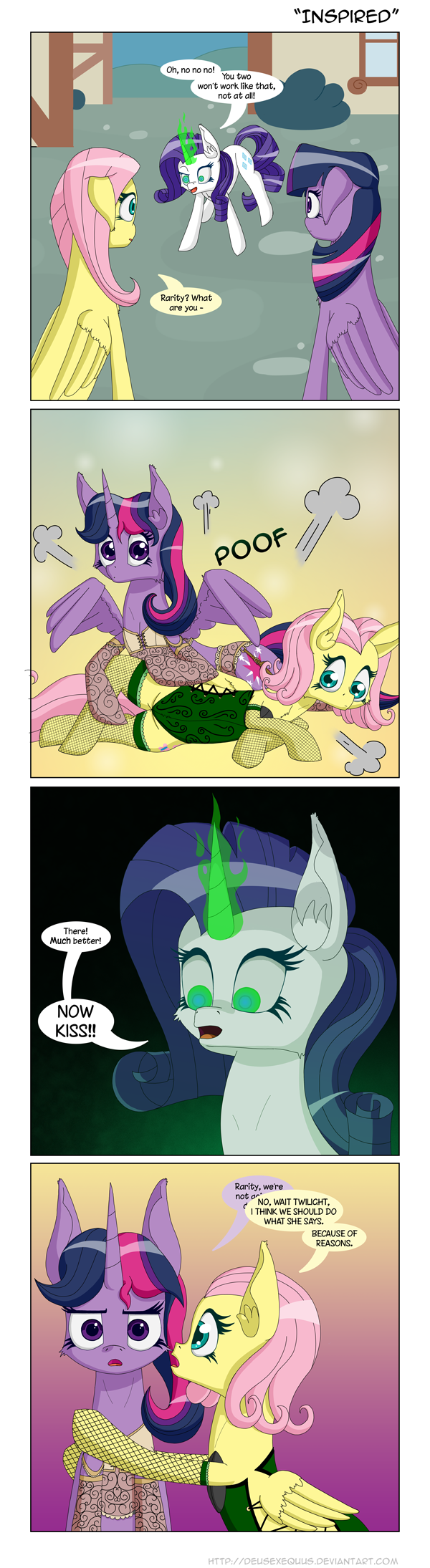 2014 blue_eyes comic corset deusexequus equine female fishnet fishnet_legwear fluttershy_(mlp) friendship_is_magic glowing green_eyes group hair horn legwear magic mammal my_little_pony outside pegasus pink_hair ponyville purple_eyes purple_hair rarity_(mlp) stockings twilight_sparkle_(mlp) unicorn winged_unicorn wings