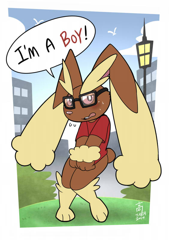 bottomless clothed clothing english_text eyewear gender_confusion glasses half-dressed looking_at_viewer lopunny male nintendo outside pok&eacute;mon solo sweat takataka talking_to_viewer text video_games