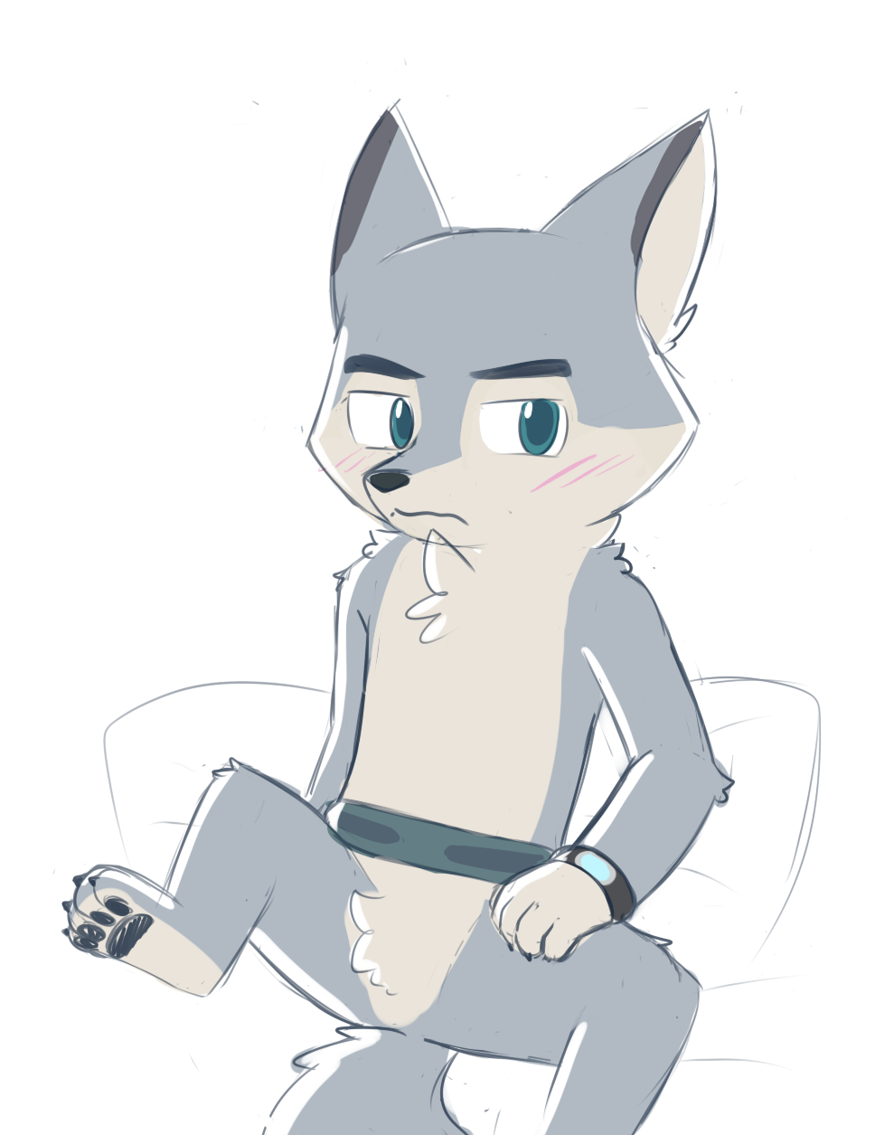 agent_classified anthro arctic_wolf belt blush canine character_from_animated_feature_film chibitracy fluff madagascar male mammal north_wind pillow sitting technology the_penguins_of_madagascar toony watch wolf
