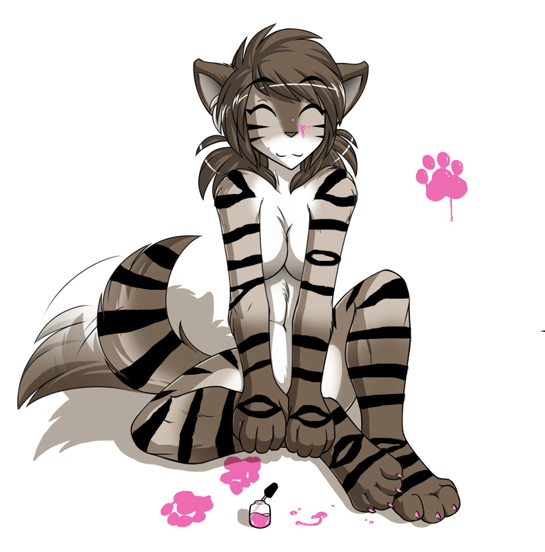anthro breasts cat claws cleavage clothed clothing covering covering_self cute eyes_closed feline female kathrin_(twokinds) keidran mammal nail_polish nude paint painted_nails pawprint plain_background sitting smile solo stripes tailwag tom_fischbach twokinds white_background