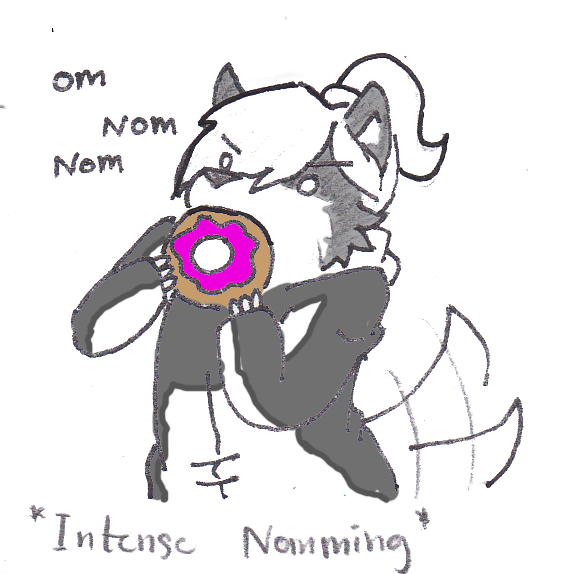 ambiguous_gender anthro canine digital_media_(artwork) digital_painting_(artwork) doughnut eating food mammal nom occidentalis ponytail solo wolf