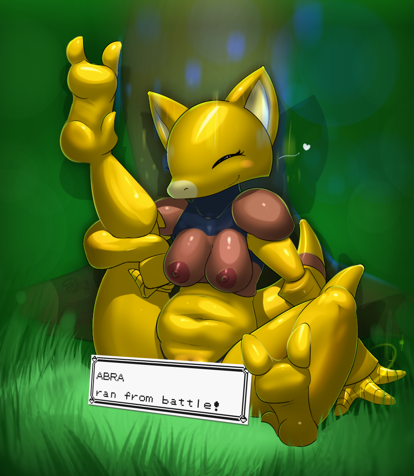 &lt;3 2014 3_toes abra anthro areola blush breasts chubby creative_censorship elpatrixf eyes_closed female grass nintendo nipples pok&eacute;mon pussy raised_leg red_nipples smile solo spread_legs spreading toes video_games
