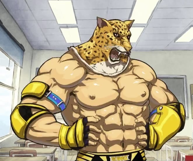 2013 abs andrew_hussie armband biceps big_muscles bodybuilder briefs classroom clothed clothing faceless_male fangs feline fingerless_gloves fur gloves grasp half-dressed hands_on_hips human hybrid jaguar king king_(tekken) looking_at_viewer male mammal manly mask muscles namco_high navel nipples open_mouth pants pecs portrait pose ripped royalty shadow sharp_teeth shiftylook shiny solo spots standing teeth tekken toned tongue topless underwear video_games whiskers wrestler wrestling_clothes wristband