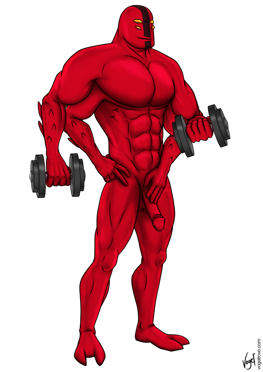 abs alien amber_eyes balls barefoot ben_10 biceps big_muscles black_skin bodybuilding erection four_arms_(ben_10) humanoid humanoid_penis male muscles nude pecs penis plain_background pose red_penis red_skin scales smile solo spines standing toned vein vogelrove weightlifting weights white_background