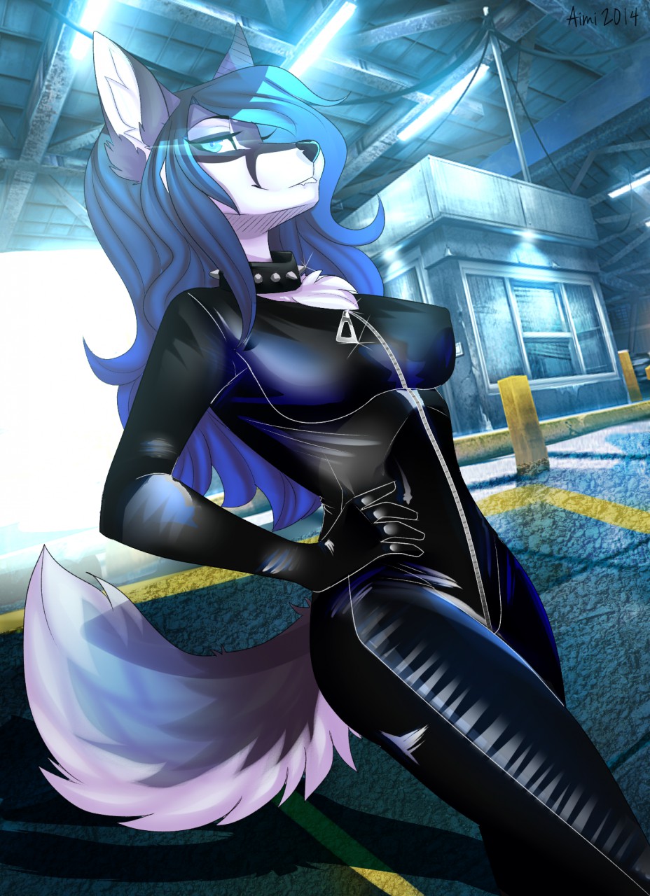 2014 aimi anthro blue_eyes canine clothed clothing female fox glowing glowing_eyes hair inside mammal rubber smile solo suit zipper
