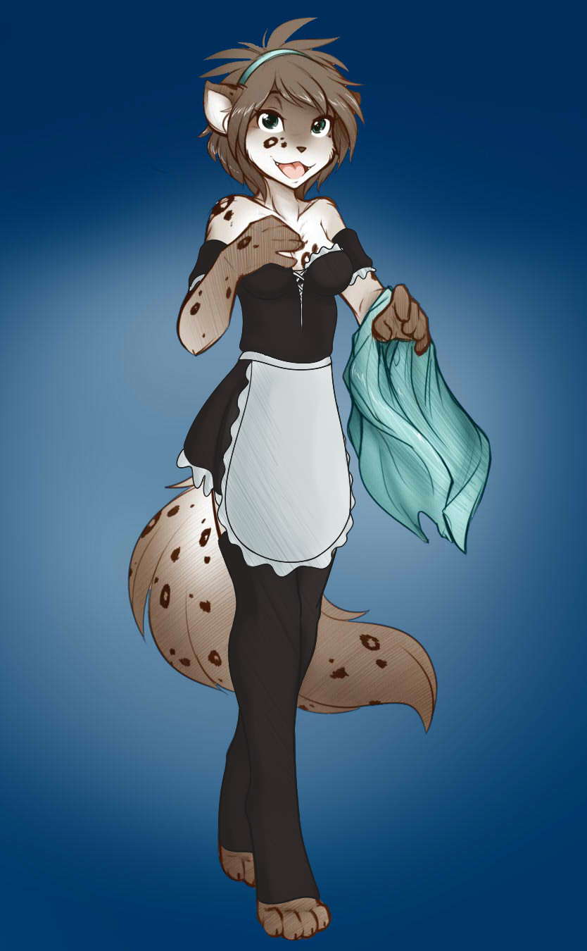 anthro black_fur black_nose blue_eyes brown_fur brown_hair canine clothing cute digital_media_(artwork) digitigrade dog edit fangs feline female fur green_eyes grey_fur hair hairband hybrid kathrin_(twokinds) keidran leopard looking_at_viewer maid maid_uniform mammal open_mouth plain_background pose short smile snow_leopard solo spots standing teeth text tom_fischbach tongue towel twokinds white_fur