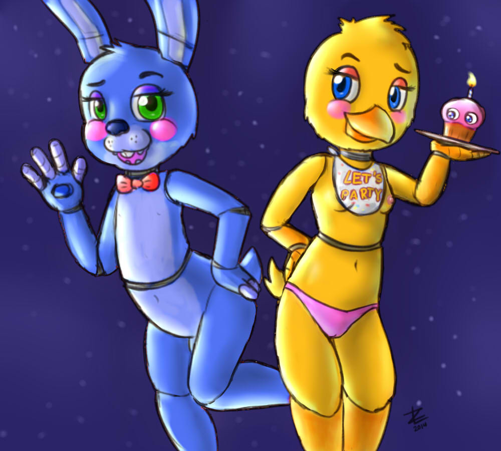2014 animatronic anthro avian bird blush breasts chibi chicken clothing cupcake_(fnaf) cute duo english_text female five_nights_at_freddy's five_nights_at_freddy's_2 lagomorph looking_at_viewer machine male mammal mechanical nipples nude open_mouth rabbit robot smile text toy_bonnie_(fnaf) toy_chica_(fnaf) zekromlover