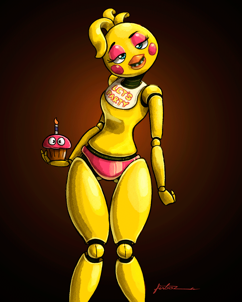 animated animatronic avian bib bird blue_eyes blush chicken cupcake_(fnaf) english_text female five_nights_at_freddy's five_nights_at_freddy's_2 furboz looking_at_viewer machine mechanical nightmare_fuel robot solo text thick_thighs toy_chica_(fnaf) yellow_eyes
