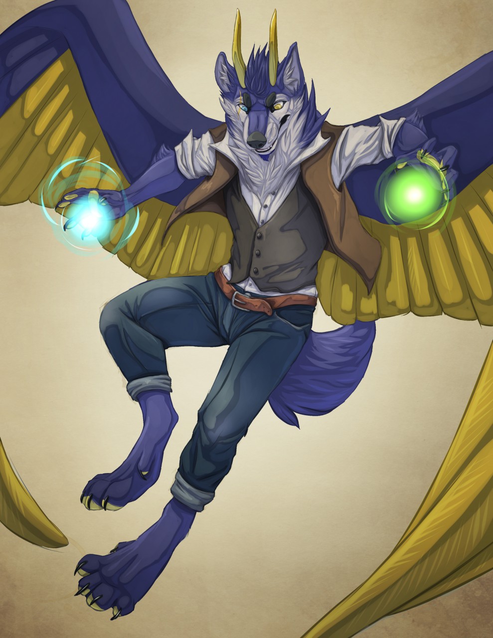 2014 anthro blue_eyes canine clothing dragon flying full_body fur glowing goldeyedwolf heterochromia horn hybrid legionaire magic male mammal plain_background smile solo spell teeth twistedhound wings wolf yellow_eyes