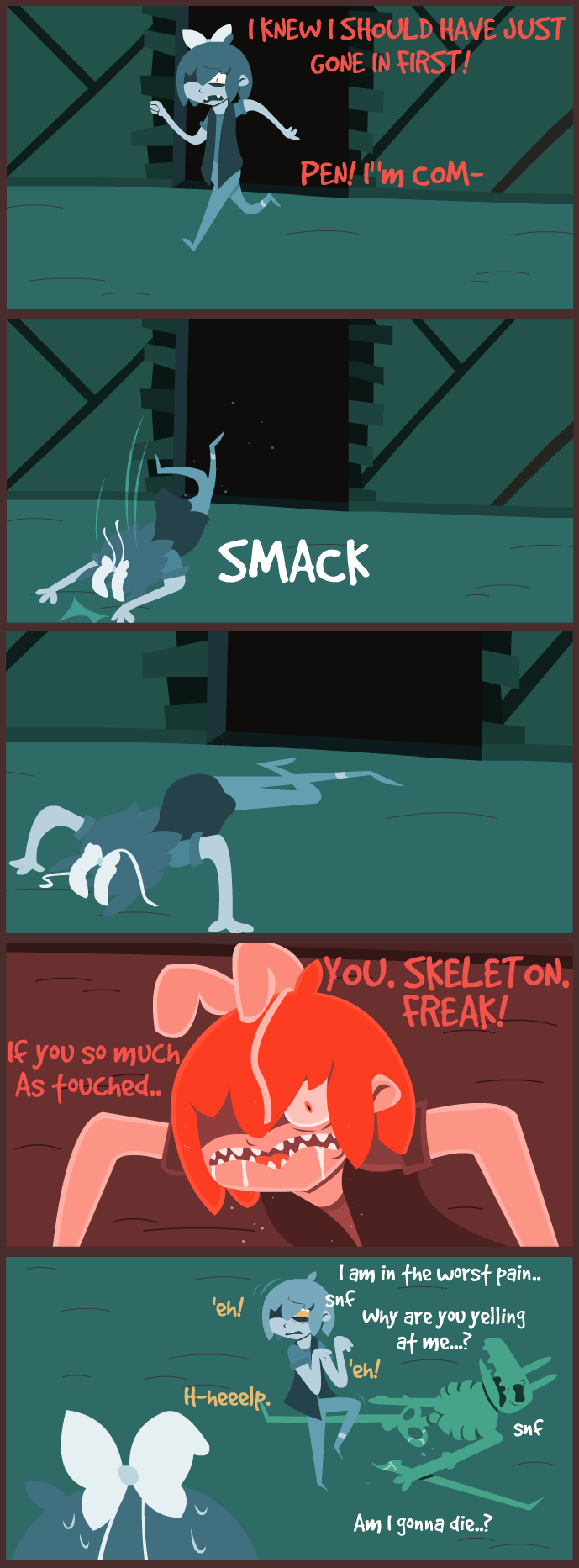 2018 angry animated_skeleton bone bow_tie brown_eyes brown_text clothed clothing comic crying dialogue digital_media_(artwork) dungeon english_text falling fully_clothed group hair hi_res horn human inside looking_at_viewer mammal mimic monster novrem_(shane_frost) open_mouth pen_(shane_frost) red_eyes red_text sad shane_frost simple_background sitting skeleton tears teeth text tongue undead white_text yelling