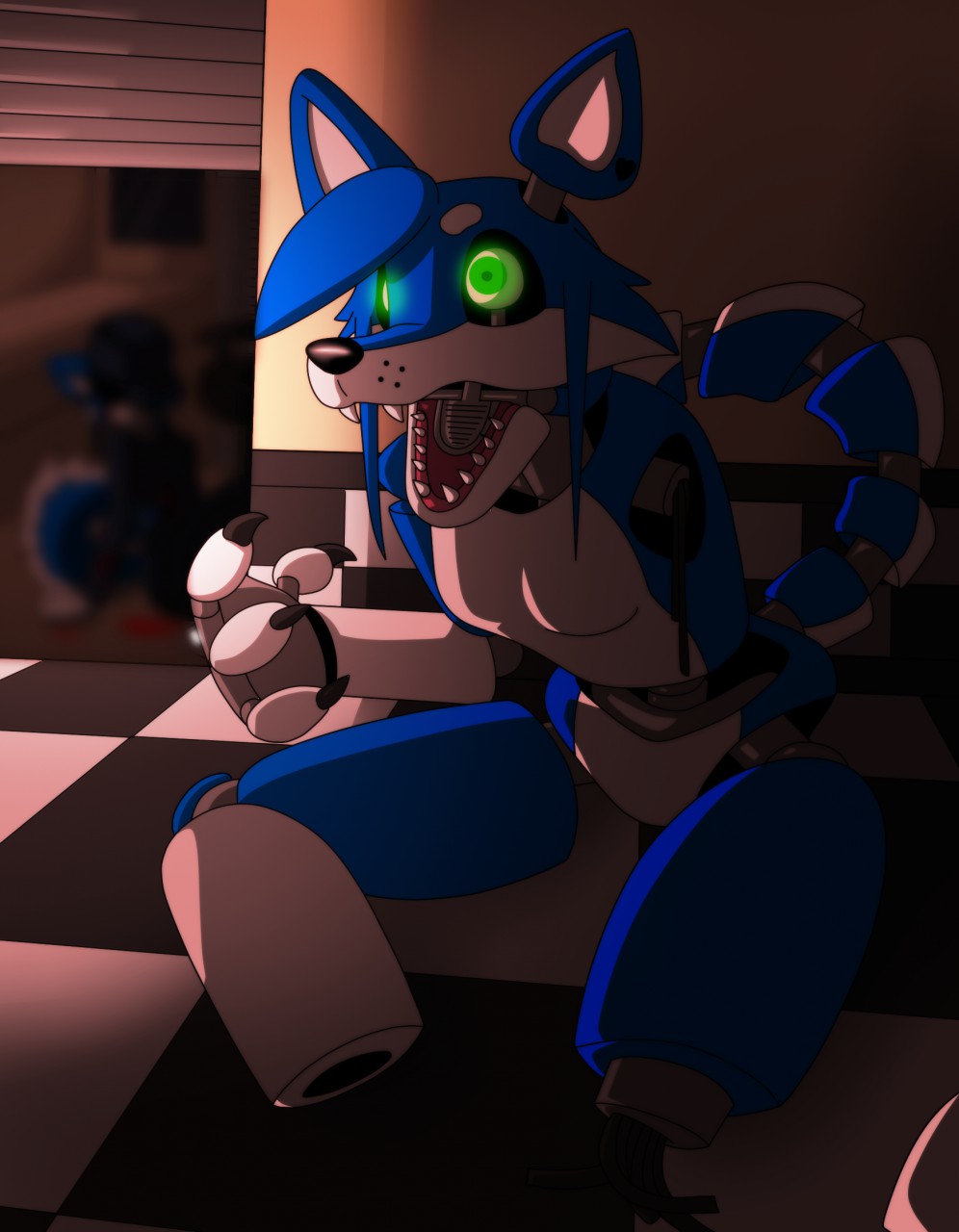 animatronic anthro blood breasts canine checkered_floor claws disassembled fangs female five_nights_at_freddy's fox garage_door green_eyes machine mammal mechanical open_mouth robot teeth xusky-chan
