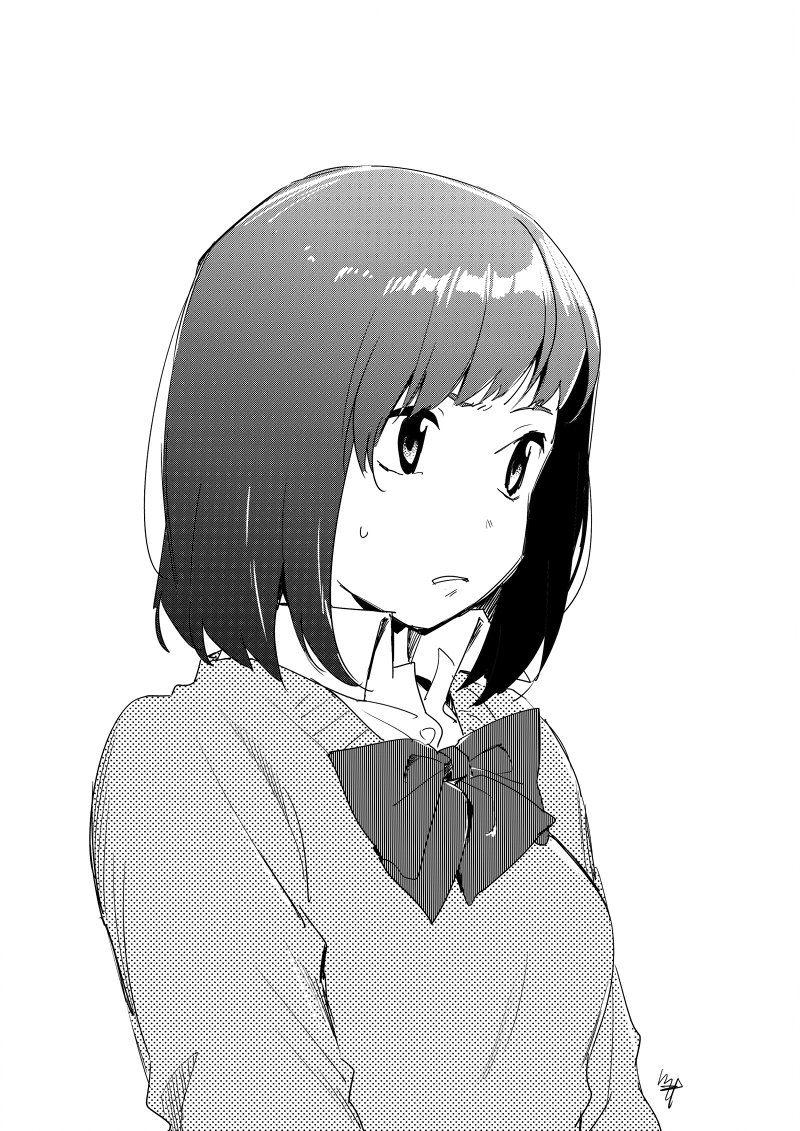 1girl bangs bow bowtie cardigan collared_shirt commentary_request copyright_request greyscale kawai_makoto monochrome parted_lips shirt short_hair signature simple_background solo sweatdrop white_background wing_collar