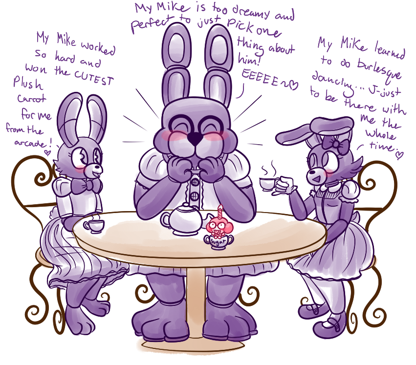 &lt;3 animatronic anthro blush bonnie_(fnaf) bow candle chair cupcake cupcake_(fnaf) cute dress english_text fangs female five_nights_at_freddy's food group hair lagomorph machine mammal mechanical open_mouth personification pink_hair plain_background rabbit robot size_difference snaxattacks square_crossover table teacup text white_background