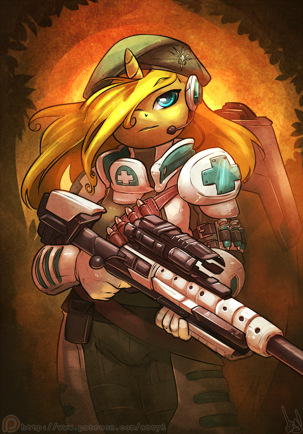 2014 anthro armor atryl beret blonde_hair cyan_eyes digital_media_(artwork) equine evolve_(copyright) fan_character female friendship_is_magic gun hair hat horn long_hair mammal my_little_pony ranged_weapon rifle sniper_rifle solo unicorn val_(evolve) weapon yellow_skin