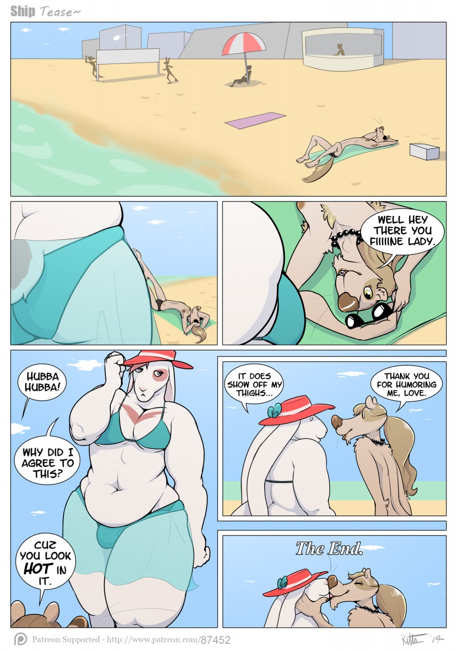 alan beach bikini bulge butt clothed clothing cloud comic couple crossdressing dialogue duo_focus english_text ethan gay group hat kissing lagomorph lying male mammal meerkat mongoose moobs on_back outside overweight rabbit ritts seaside skinny sky swimsuit text thick_thighs