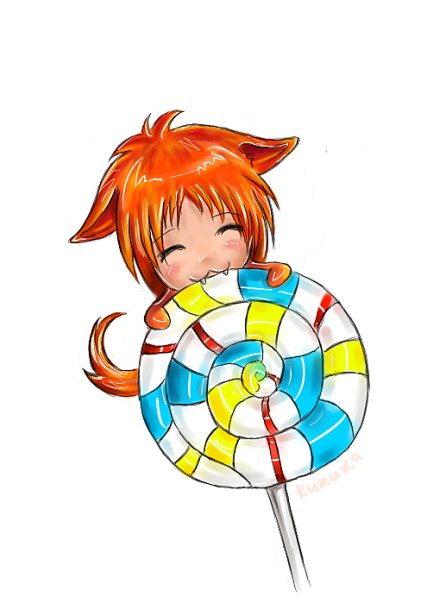 :3 animal_ears candy canine chibi eating fangs female fox fox_ears hair happy kuruka mammal nom red_hair solo