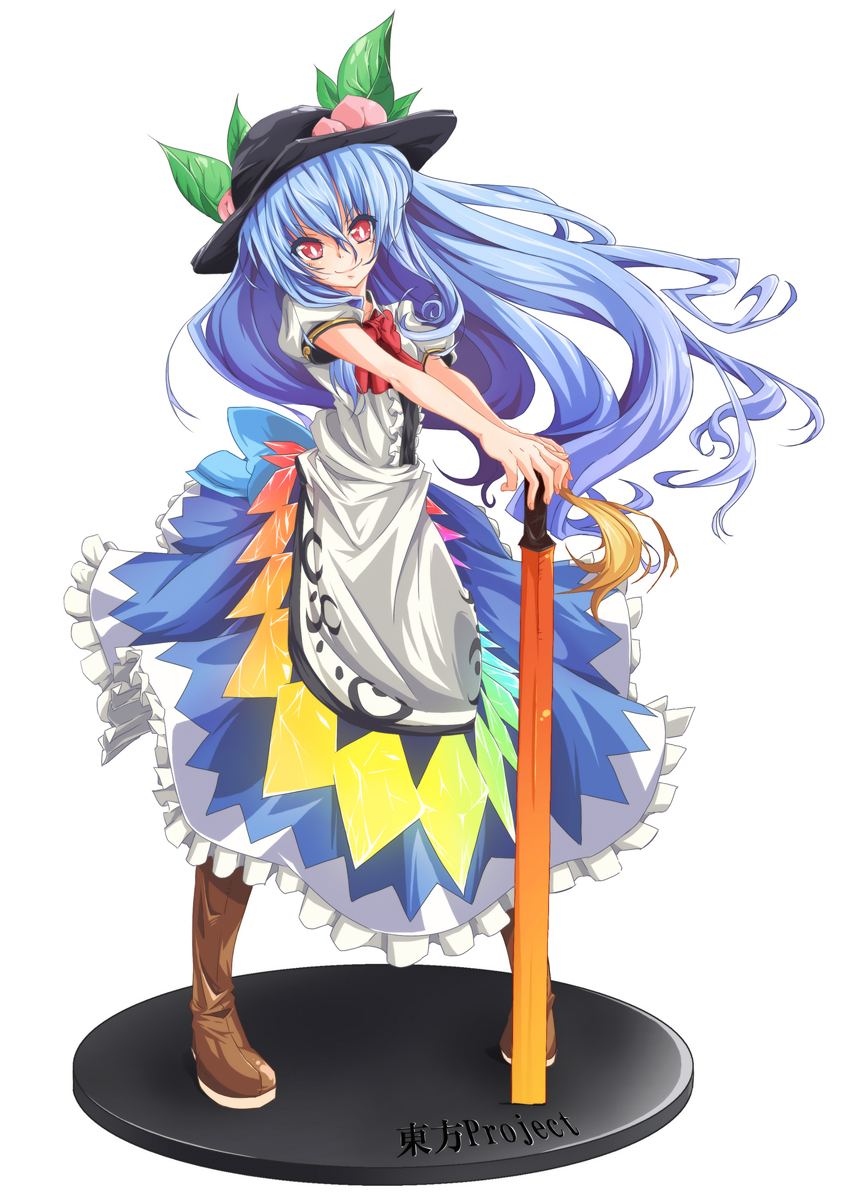 bad_id bad_pixiv_id blue_hair bow chonbo_(artist) dress full_body hat highres hinanawi_tenshi long_hair pink_eyes solo standing sword sword_of_hisou touhou weapon