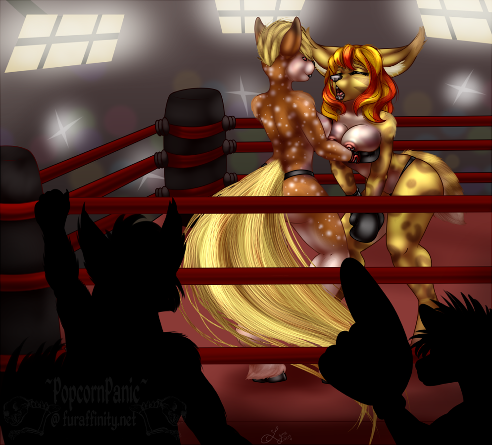 anthro blood boxing breasts cervine clothed clothing deer equine feline female fur half-dressed holding_breasts horse jennette lesbian lynx mammal nipple_piercing nipples panties piercing popcornpanic sable_(shadowolfox) topless underwear yellow_fur