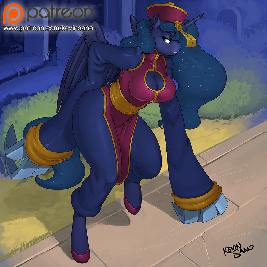 2014 anthro anthrofied blue_eyes blue_hair breasts bush cleavage clothed clothing costume dress equine female friendship_is_magic hair hat horn hsien-ko_(darkstalkers) kevinsano mammal my_little_pony princess_luna_(mlp) solo winged_unicorn wings