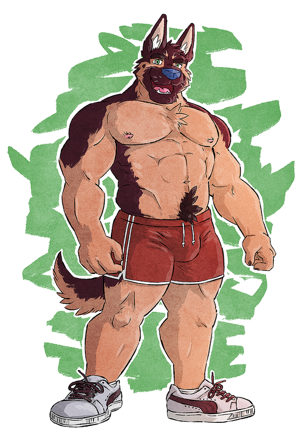 abs anthro biceps big_muscles blue_nose body_hair canine chest_tuft clothed clothing coach dog eye_brows fur german_shepherd green_eyes gym_shorts hair half-dressed happy_trail kumu male mammal muscles nipples omfgitsmiller pecs pubic shoes solo toned topless tuft watch