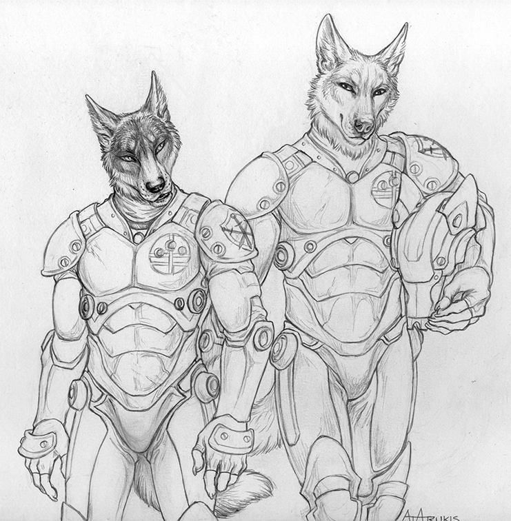 2014 anthro armor canine costume duo fur helmet klaus luther male mammal pacific_rim rukis shaded sketch wolf