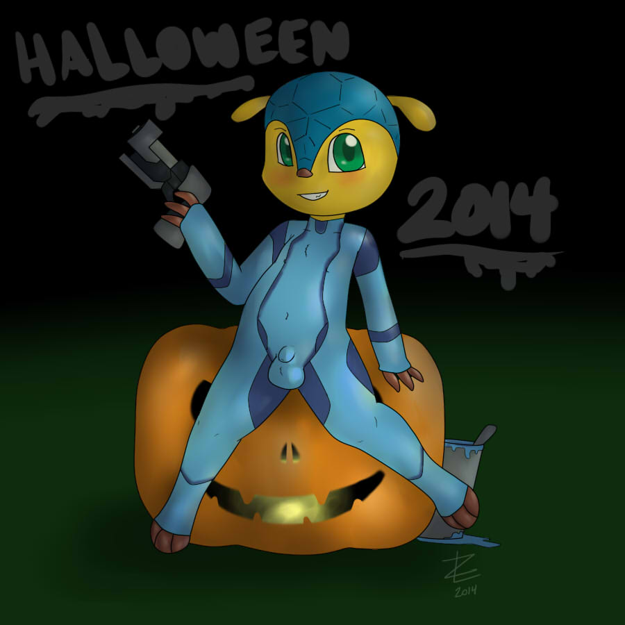 2014 anthro armadillo balls blush bodypaint chibi claws cosplay crossover cute fifa fuleco fur green_eyes halloween holidays jack_o'_lantern looking_at_viewer male mammal mascot metroid nintendo nipples nude penis pumpkin smile solo video_games yellow_fur zekromlover zero_suit