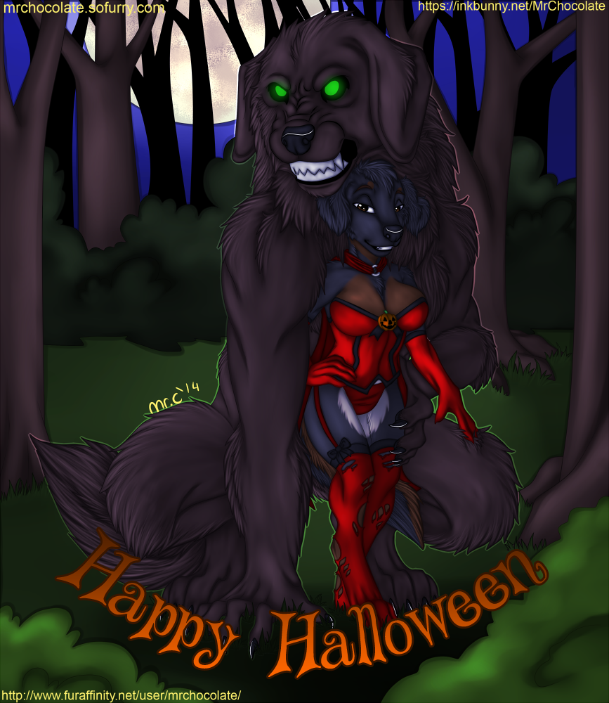 anthro aysu black_fur brown_fur canine cleavage clothed clothing collar crossdressing duo english_text female fur glowing glowing_eyes grass green_eyes halloween holidays hood legwear lingerie looking_at_viewer male mammal moon mrchocolate nicodemus outside size_difference standing stockings teeth text tree were werewolf