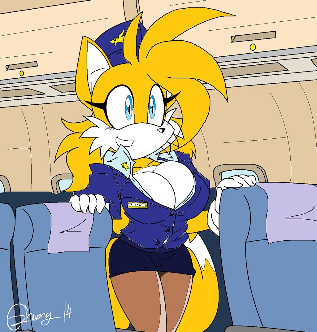 2014 aircraft akatsukishiranui-fox anthro big_breasts bigger_version_at_the_source breasts canine cleavage clothed clothing crossgender female fox fur mammal melissa_"tailsko"_prower-henegan sega smile solo sonic_(series) video_games