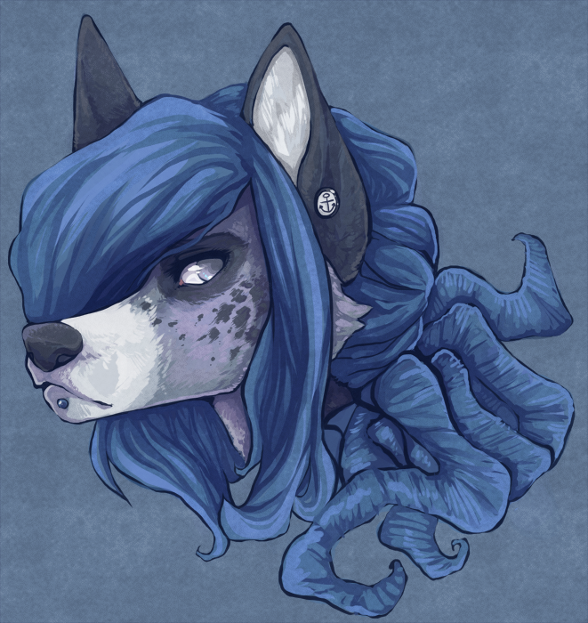 2014 ambiguous_gender anthro blue_hair canine fox fur grey_eyes hair headshot_portrait inky inner_ear_fluff jewelry long_hair looking_at_viewer mammal piercing plain_background portrait sad snout solo spots stellary