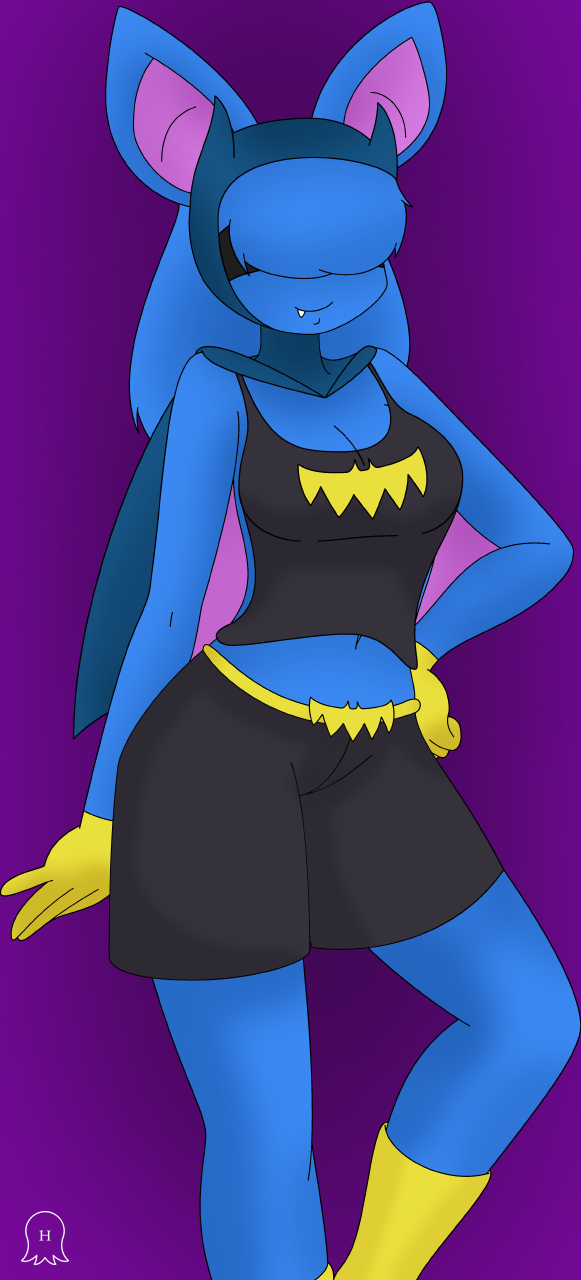 2014 anthro bangs bangs_(character) bat batgirl big_ears blue_hair blue_skin boots breasts cape clothed clothing costume female gloves hair hair_over_eyes hi_res honwell mammal nintendo plain_background pok&eacute;mon pose purple_background solo standing video_games zubat
