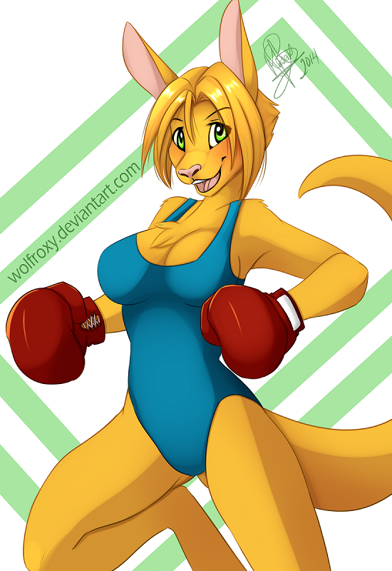 2014 abstract_background anthro becka boxing boxing_gloves breasts clothing female fur green_eyes hair kangaroo leotard mammal marsupial open_mouth solo wolflady