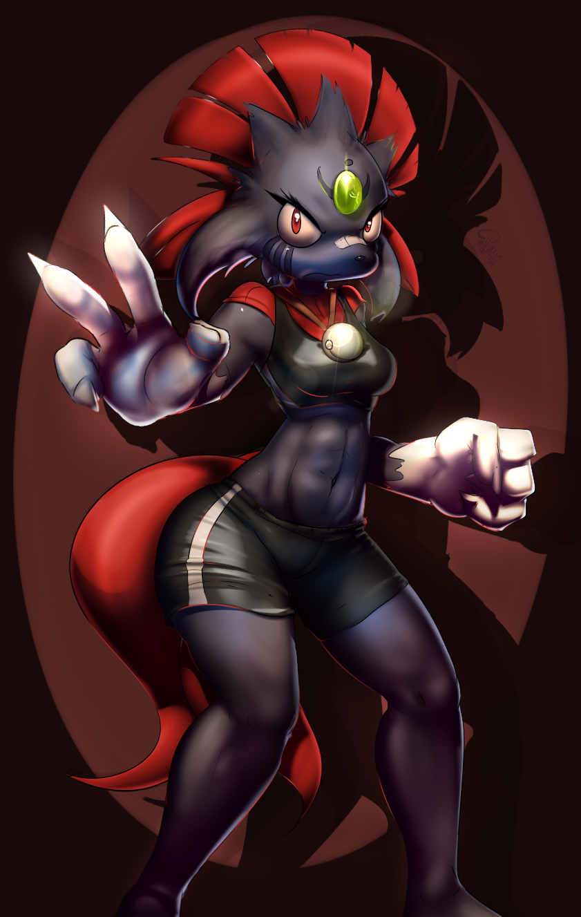 2014 anthro band-aid bell breasts charm claws clothed clothing elgiza elpatrixf female hi_res looking_at_viewer navel nintendo pok&eacute;mon pose red_eyes shadow shorts solo soothe_bell standing video_games weavile