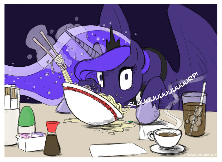 2014 blue_eyes blue_hair bowl chopsticks coffee crown cup eating equine female feral food friendship_is_magic glowing hair horn joieart levitation looking_at_viewer magic mammal my_little_pony necklace noodles princess_luna_(mlp) ramen solo soy_sauce sparkles steam table winged_unicorn wings