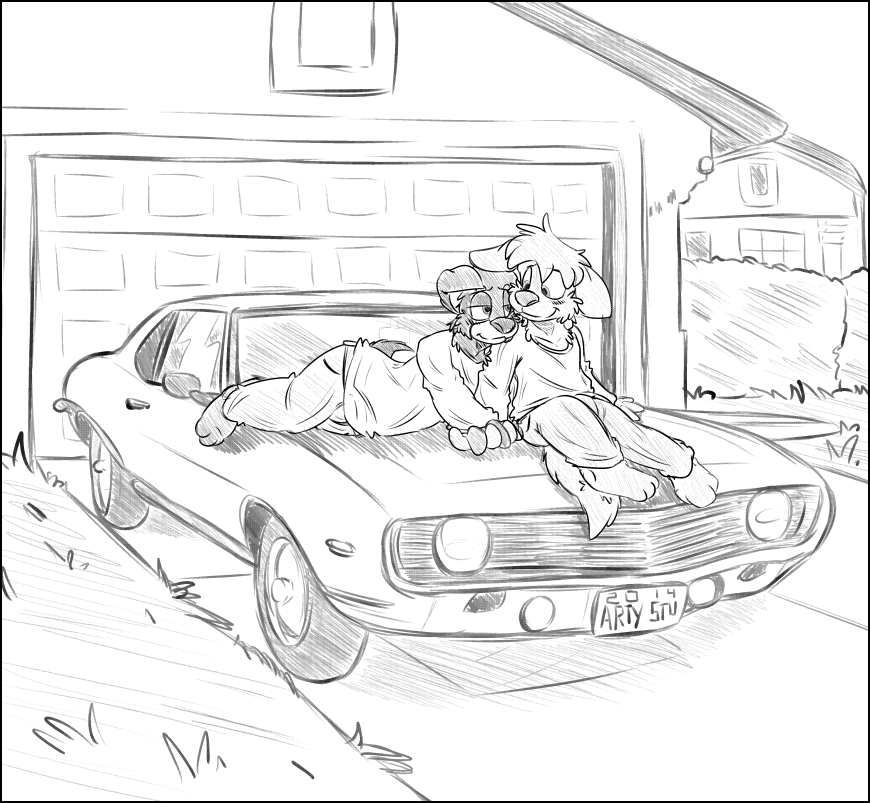 &lt;3 anthro arty_stu black_and_white camaro canine car chevrolet couple cuddling cute dog duo fluffy_tail garage garden hand_holding lovers male mammal monochrome sketch spiling