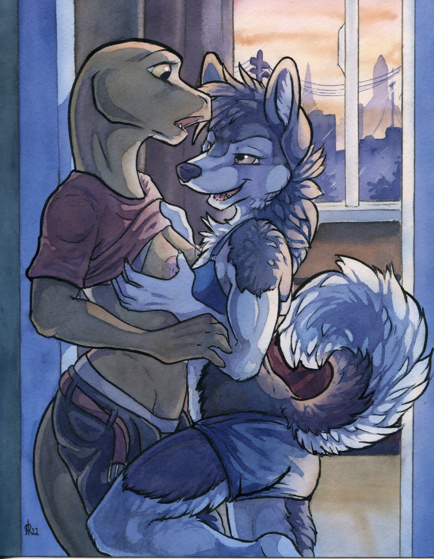 anthro breast_grab breasts canine clothing couple detailed_background dog duo erect_nipples female fur husky jenny_(slither) keru lesbian mammal nipples open_mouth raised_tail ruaidri scalie shirt shirt_lift spiling teeth thick_tail traditional_media_(artwork) tuft underwear undressing watercolor_(artwork)