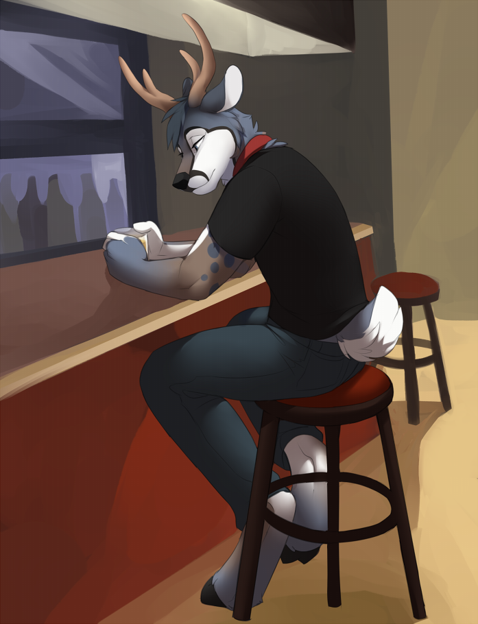 anthro antlers bar bar_stool beverage bottles cervine clothed clothing deer hair horn inside jailbird jaiy jeans male mammal shirt short_hair sitting solo stare