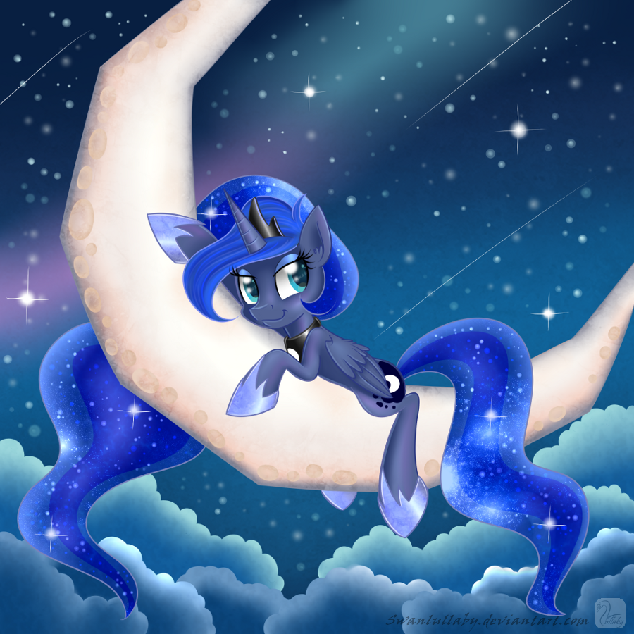 2014 blue_eyes blue_hair cloud crown cutie_mark equine eyeshadow female feral friendship_is_magic hair horn lying makeup mammal moon my_little_pony necklace night outside princess_luna_(mlp) shooting_star solo sparkles star starry_sky swanlullaby winged_unicorn wings