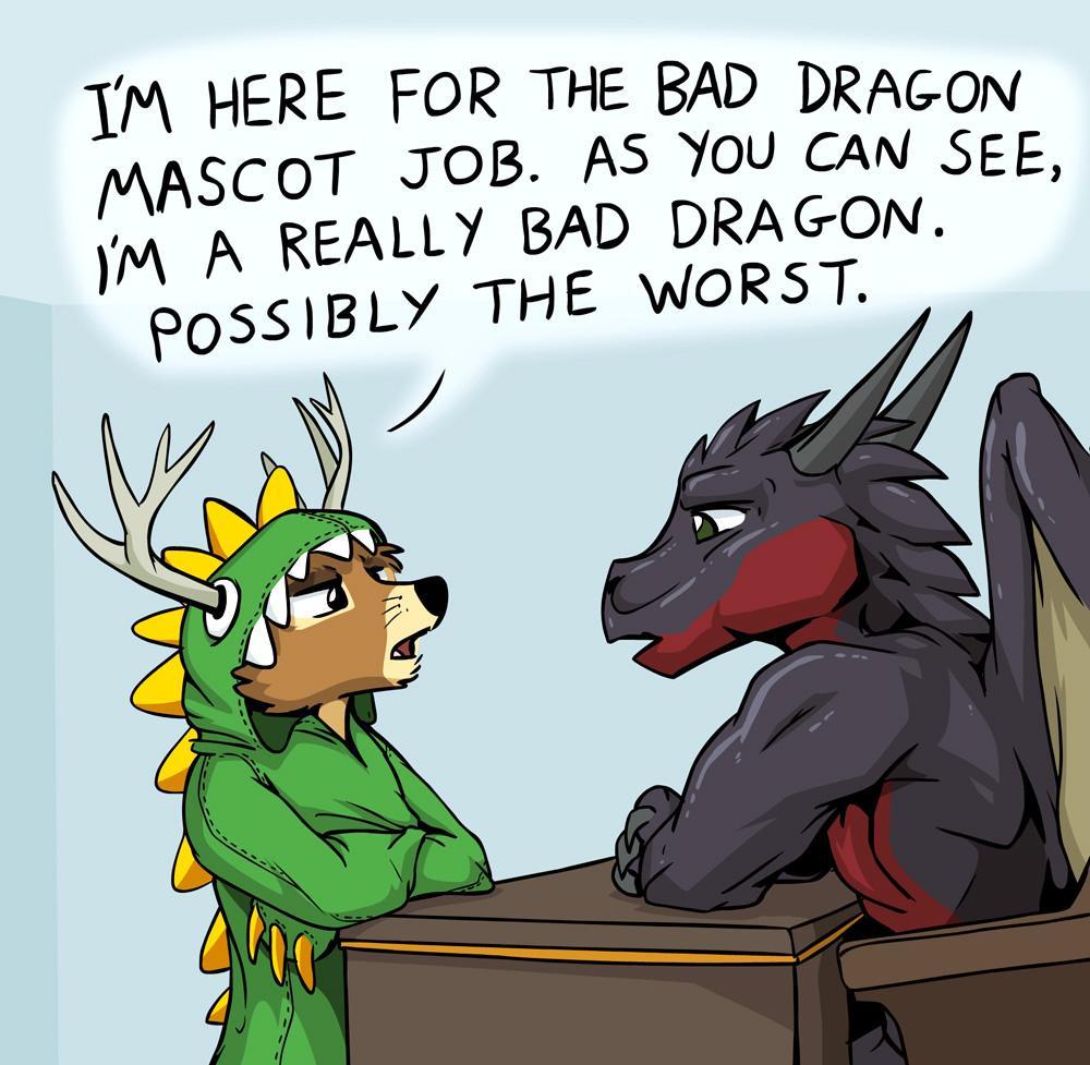 2014 ambiguous_gender anthro antlers bad_dragon cervine claws costume crossed_arms deer desk dragon duke_(bad_dragon) duo english_text horn humor male mammal scalie text tirrel western_dragon wings