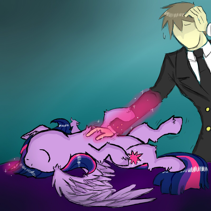 2014 bed brown_hair clothing cute cutie_mark equine faceless_male female friendship_is_magic glowing hair horn horse human ichibangravity lying magic male mammal multicolored_hair my_little_pony necktie on_back petting purple_hair rubbing sparkles suit twilight_sparkle_(mlp) winged_unicorn wings