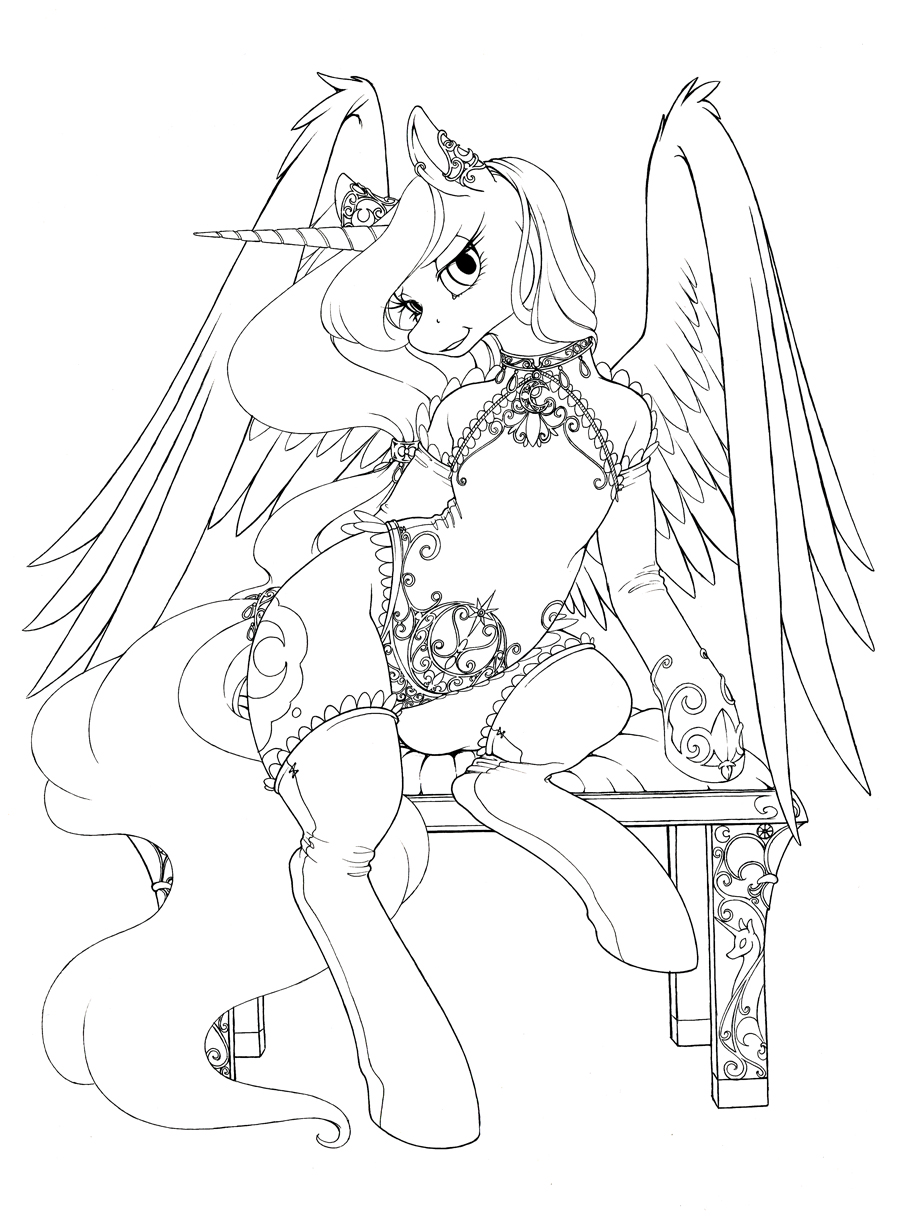 2014 black_and_white clothing collar corset cutie_mark elbow_gloves equine female friendship_is_magic gloves hair half-closed_eyes horn jewelry legwear longinius looking_at_viewer mammal monochrome my_little_pony pose princess_luna_(mlp) sitting solo stockings winged_unicorn wings