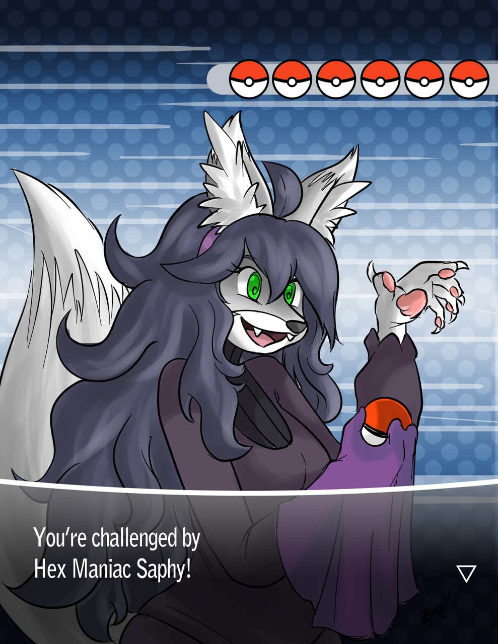 2014 anthro biovixy breasts canine clothing female fox green_eyes hair headband hex_maniac long_hair mammal nintendo open_mouth parody pok&eacute;mon safira_moonrune smile solo text video_games