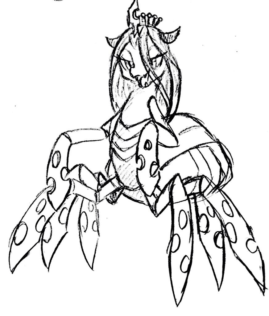 2014 arachnid arthropod black_and_white changeling drider fangs female friendship_is_magic hair holes horn monochrome my_little_pony queen_chrysalis_(mlp) solo spider tebasaki