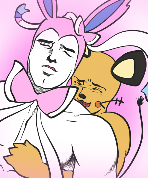 anthro dedenne eeveelution eyes_closed fantajii_dm_(artist) hug humanoid humor male muscles nintendo open_mouth pok&eacute;mon ribbons sylveon video_games yaranaika