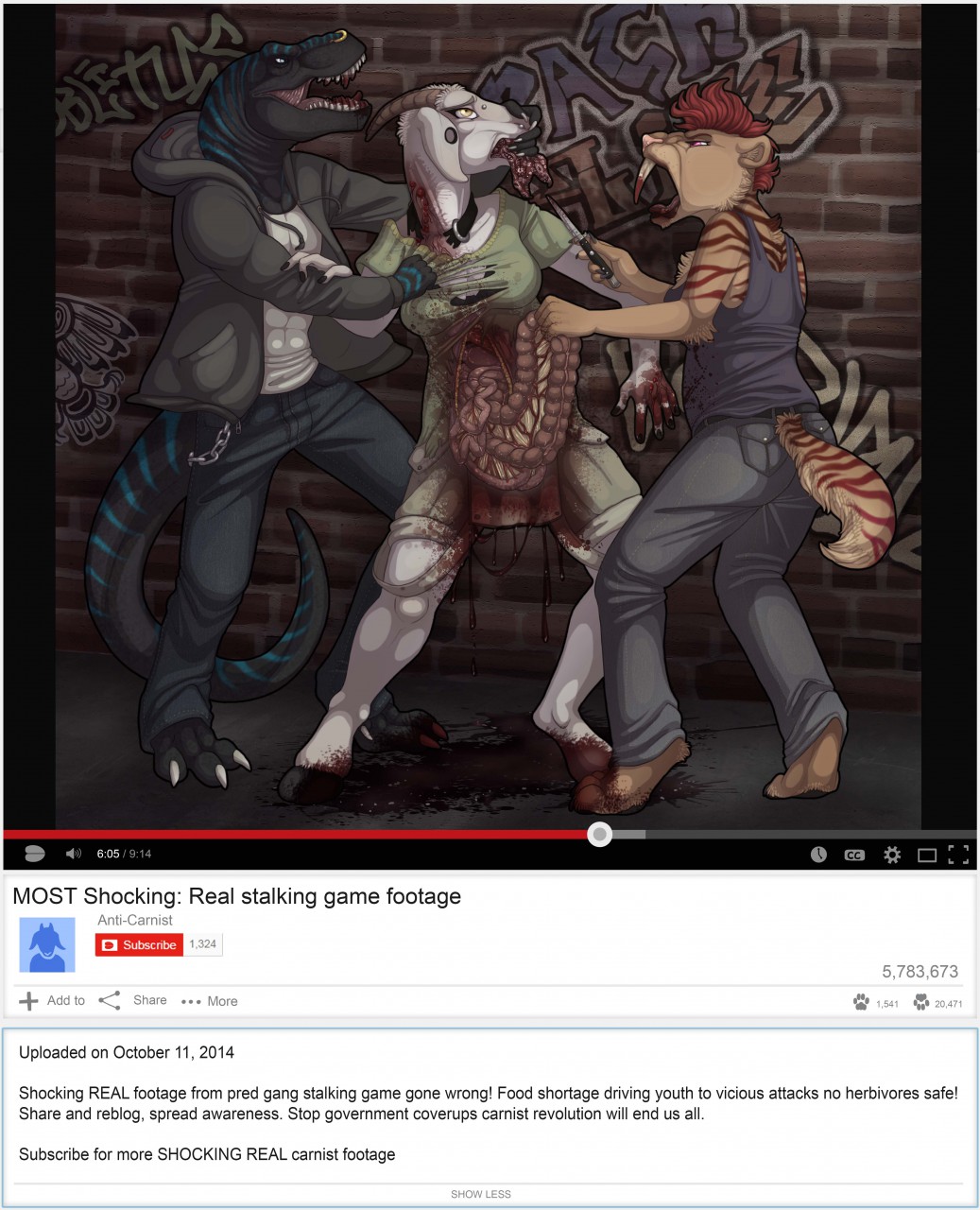 anthro attack barefoot brick_wall caprine clothed clothing death digital_media_(artwork) dinosaur disembowelment eating fauxlacine female goat gore graffiti grotesque_death group guts hard_vore intestines killing knife male mammal pain saber_tooth_tiger scalie torn_clothing tyrannosaurus_rex vore youtube