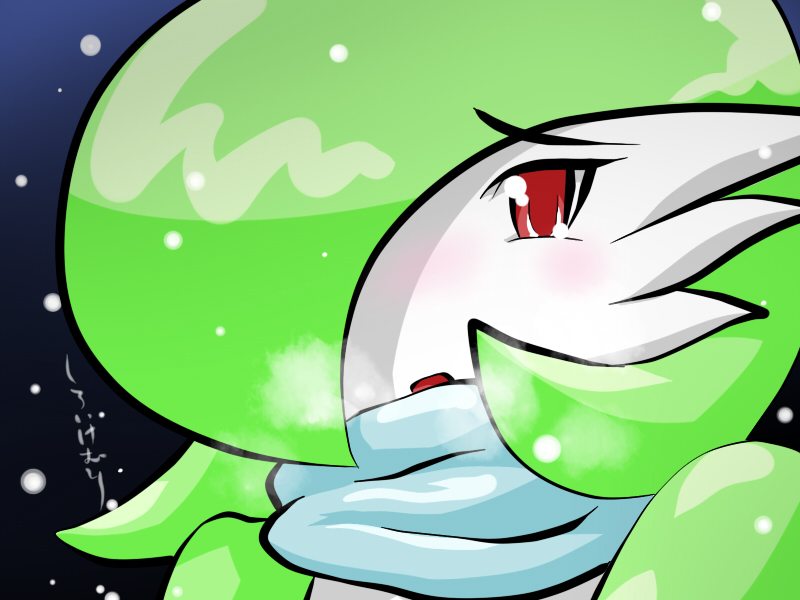 cold fantajii_dm_(artist) female gardevoir green_hair hair humanoid nintendo open_mouth outside pok&eacute;mon red_eyes scarf snow snowing solo video_games