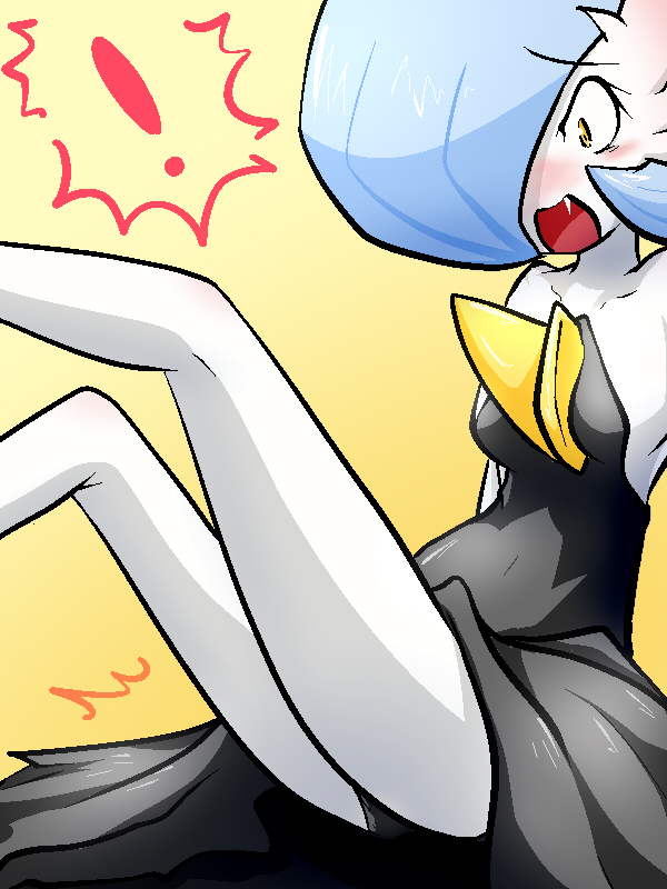 ! blue_hair blush breasts dress fantajii_dm_(artist) female gardevoir hair humanoid mega_evolution mega_gardevoir nintendo open_mouth orange_eyes pok&eacute;mon shiny_pok&eacute;mon solo video_games