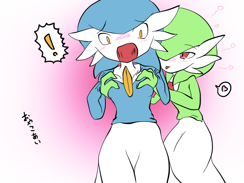 ! &lt;3 blue_hair blush breasts dress fantajii_dm_(artist) female fondling gardevoir green_hair hair humanoid japanese_text lesbian nintendo open_mouth orange_eyes plain_background pok&eacute;mon red_eyes shiny_pok&eacute;mon text tongue video_games