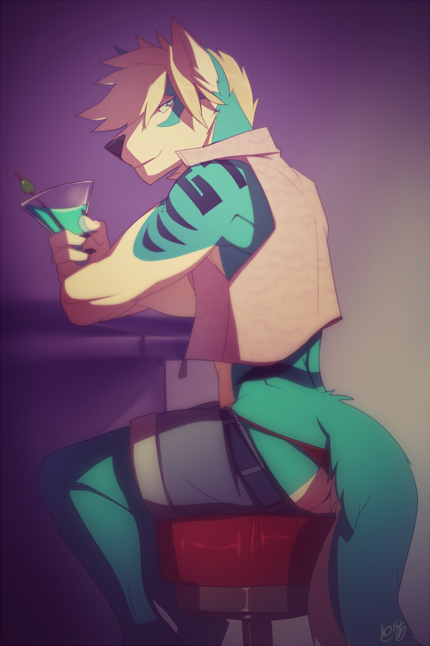 alcohol anthro bar beverage butt canine clothing cocktail dog drinking girly grin holding_glass husky male mammal markings patto sideview sitting teran thong