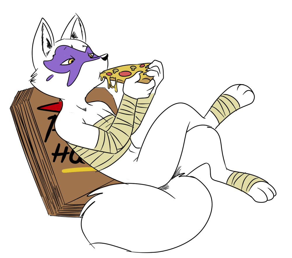 alopex anthro bandage black_nose canine crossed_legs eating female food fox mammal pizza pizza_hut plain_background reclining slim solo teenage_mutant_ninja_turtles yellow_eyes